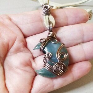 Dark Green Crescent Moon w. Faux Suede - Wire Wrapped India Agate Moon Necklace